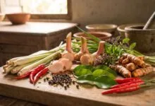 Fresh Cambodian herbs arranged on a wooden board — lemongrass stalks, galangal slices, kaffir lime leaves, and turmeric root