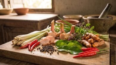 Fresh Cambodian herbs arranged on a wooden board — lemongrass stalks, galangal slices, kaffir lime leaves, and turmeric root