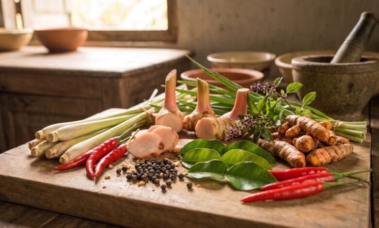 Fresh Cambodian herbs arranged on a wooden board — lemongrass stalks, galangal slices, kaffir lime leaves, and turmeric root