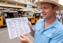 A traveler in Cambodia holding a piece of paper about the Essential Khmer Phrases for Travelers
