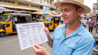 A traveler in Cambodia holding a piece of paper about the Essential Khmer Phrases for Travelers
