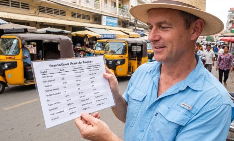 A traveler in Cambodia holding a piece of paper about the Essential Khmer Phrases for Travelers