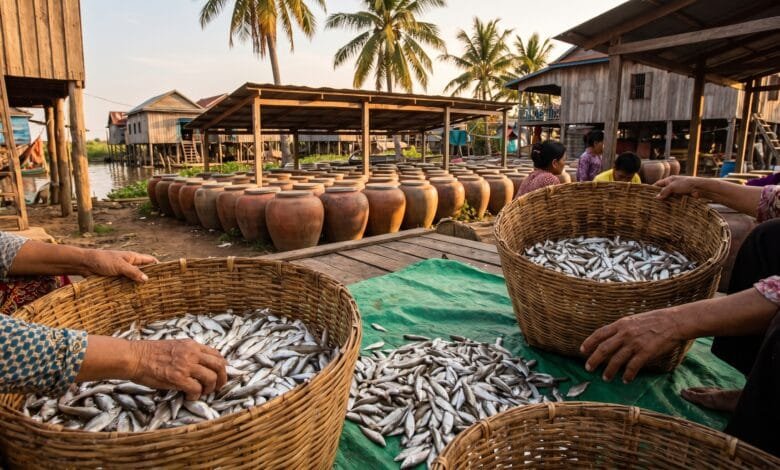 Cambodian fermented fish women producers sorting fish for prahok in a Tonle Sap village