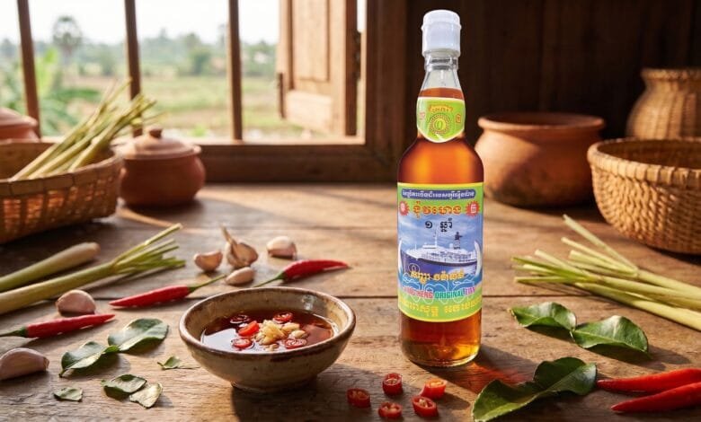 Traditional Cambodian fish sauce bottle and dipping bowl with chili and garlic on a wooden table
