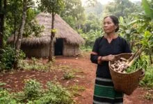 A woman from an Indigenous community stands at the edge of a forest in northeastern Cambodia holding a basket of gathered forest products.