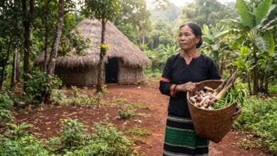 A woman from an Indigenous community stands at the edge of a forest in northeastern Cambodia holding a basket of gathered forest products.