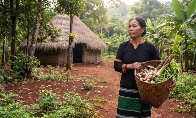 A woman from an Indigenous community stands at the edge of a forest in northeastern Cambodia holding a basket of gathered forest products.