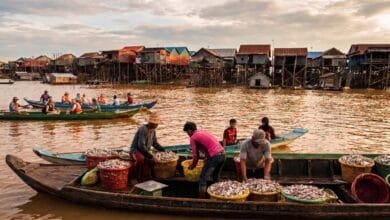 Kampong Khleang floating village on Tonle Sap lake, Siem Reap, Cambodia — home of PGI-certified prahok producers