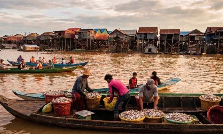 Kampong Khleang floating village on Tonle Sap lake, Siem Reap, Cambodia — home of PGI-certified prahok producers