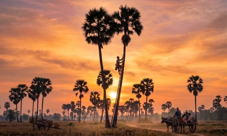 Kampong Speu palm sugar farmer standing at the base of a tall sugar palm tree in a rice field