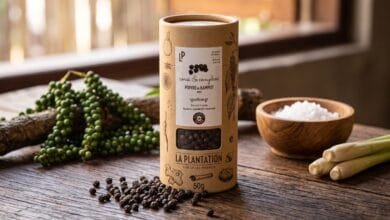 La Plantation Kampot Black Peppercorns whole black pepper in a tube from Cambodia