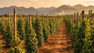 Rows of green pepper vines on wooden stakes at a Kampot pepper farm with mountains in the background