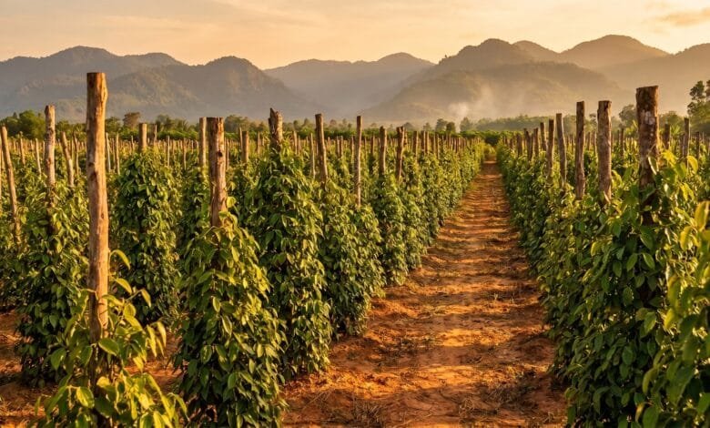 Rows of green pepper vines on wooden stakes at a Kampot pepper farm with mountains in the background