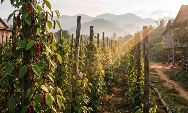Kampot pepper vines growing on wooden stakes at a pepper farm in Kampot province, Cambodia, with ripe red peppercorns visible