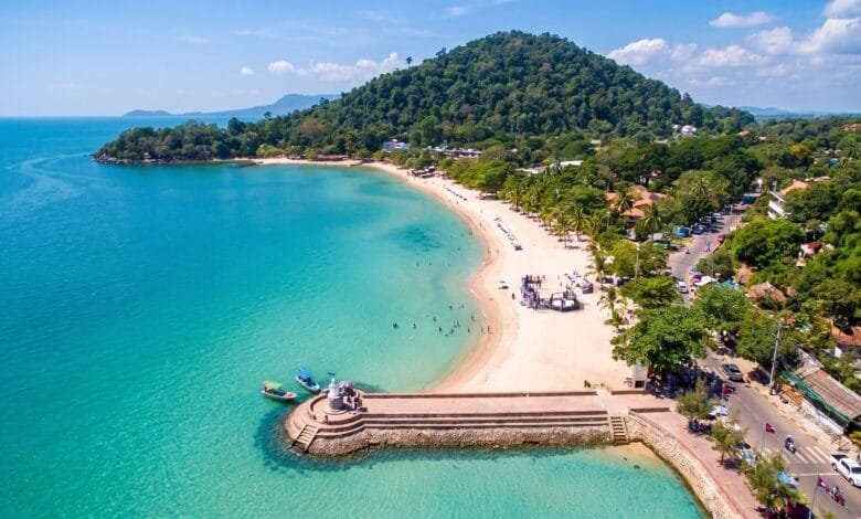 Calm shallow water along Kep Beach, a crescent-shaped public beach in Kep, Cambodia