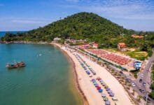 Kep Beach and coastline in Kep, Cambodia, with the Gulf of Thailand and forested hills