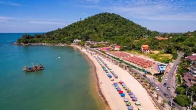 Kep Beach and coastline in Kep, Cambodia, with the Gulf of Thailand and forested hills