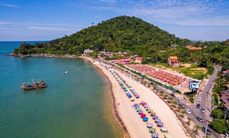 Kep Beach and coastline in Kep, Cambodia, with the Gulf of Thailand and forested hills