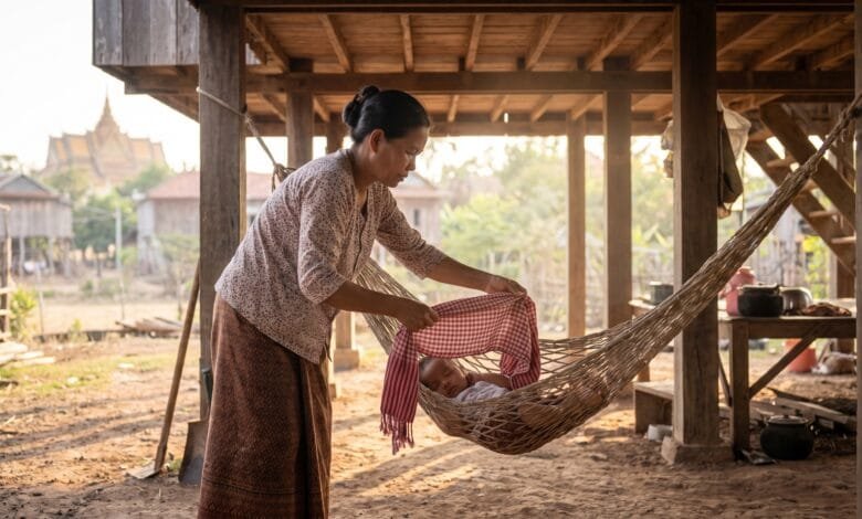A Cambodian woman gently places a traditional krama scarf over a baby sleeping in a hammock outside her home.