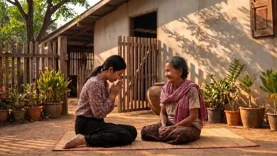 A young Cambodian woman presses her palms together in a sampeah gesture of respect toward an elderly woman seated in a traditional wooden home in Cambodia.
