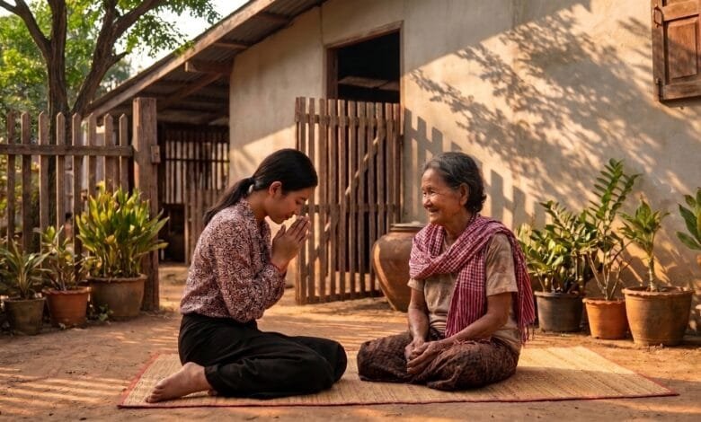 A young Cambodian woman presses her palms together in a sampeah gesture of respect toward an elderly woman seated in a traditional wooden home in Cambodia.