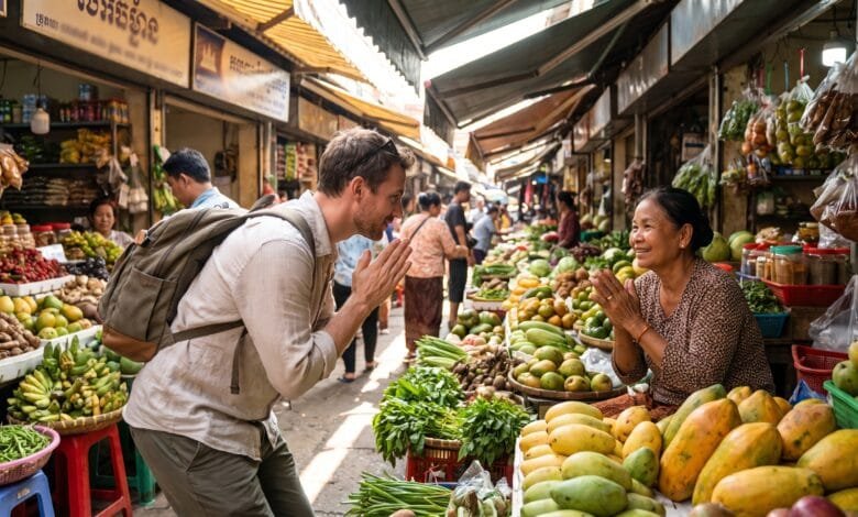 A foreign traveler greets a Cambodian market vendor with hands pressed together in the traditional sampeah gesture