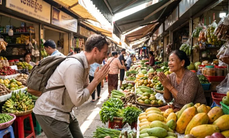A foreign traveler greets a Cambodian market vendor with hands pressed together in the traditional sampeah gesture