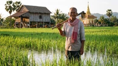 A Khmer rice farmer standing in a green rice paddy in rural Cambodia, wearing a traditional krama scarf, with a wooden stilt house and Buddhist temple in the background.