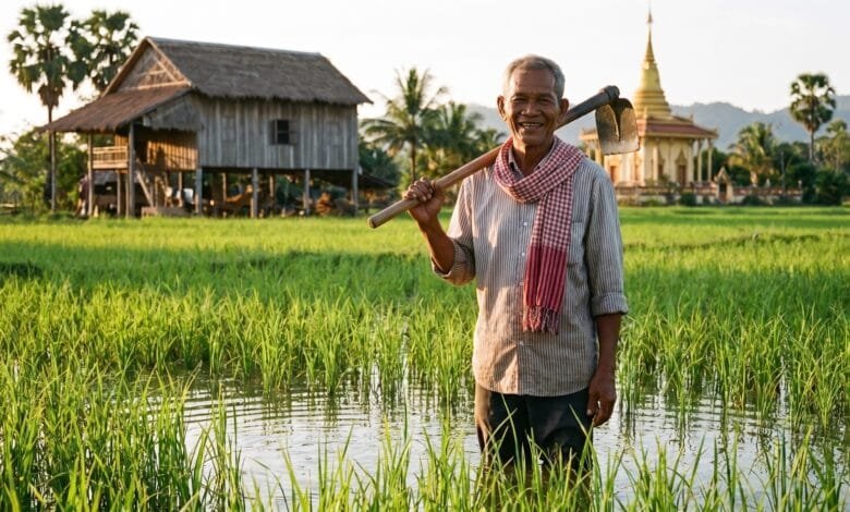 A Khmer rice farmer standing in a green rice paddy in rural Cambodia, wearing a traditional krama scarf, with a wooden stilt house and Buddhist temple in the background.