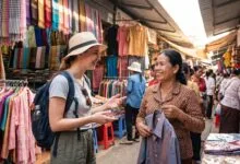 A foreign traveler smiling and speaking with a Cambodian market vendor at a clothes shop