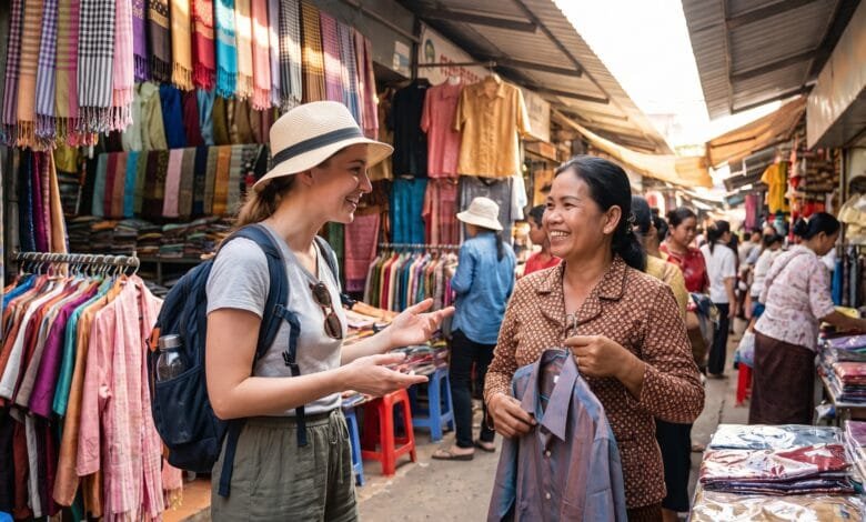 A foreign traveler smiling and speaking with a Cambodian market vendor at a clothes shop