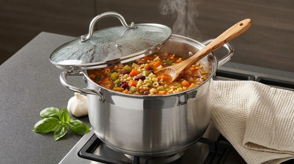 Kirecoo 12 quart stainless steel stock pot with tempered glass lid for preparing Cambodian soups and broths