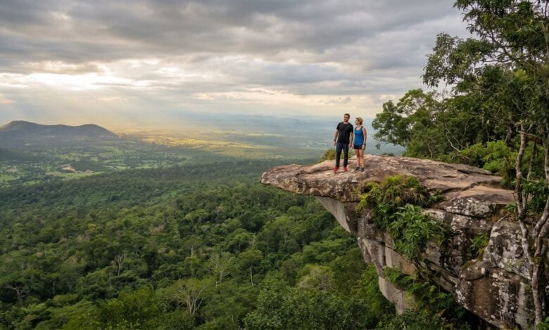 A man and woman stand on a rocky cliff overhang looking out over a vast green forest valley under a cloudy sky in Kirirom National Park, Cambodia.