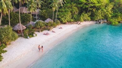 Main beach on Koh Tonsay, Cambodia, with white sand, coconut palms, wooden bungalows, and calm shallow water