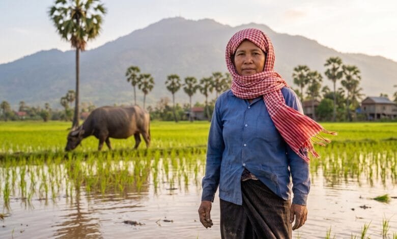 Cambodian woman wearing a red and white checkered krama scarf in a rice field in Cambodia