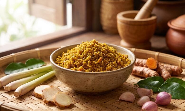 Golden-yellow Cambodian kroeung spice paste in a ceramic bowl surrounded by lemongrass, galangal, turmeric, and kaffir lime leaves.