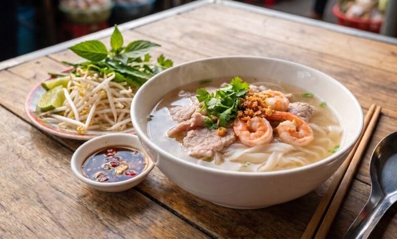 A bowl of Cambodian Kuy Teav rice noodle soup with pork, shrimp, and fresh herbs