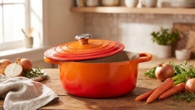 Le Creuset 10.25-inch enameled cast iron skillet with long handle and helper handle on a kitchen countertop
