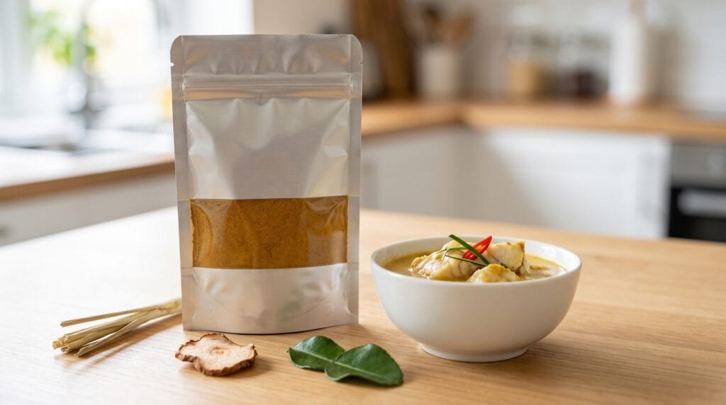 Resealable pouch of Leena Spices Amok Spice Powder beside a bowl of Cambodian fish amok in banana leaf