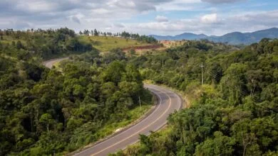 Rolling green hills and forested highland landscape near Sen Monorom in Mondulkiri province, Cambodia