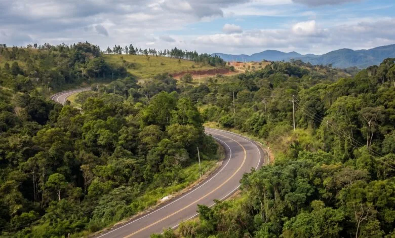 Rolling green hills and forested highland landscape near Sen Monorom in Mondulkiri province, Cambodia