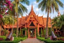 Exterior view of the National Museum of Cambodia in Phnom Penh showing the terracotta building and traditional Khmer roof