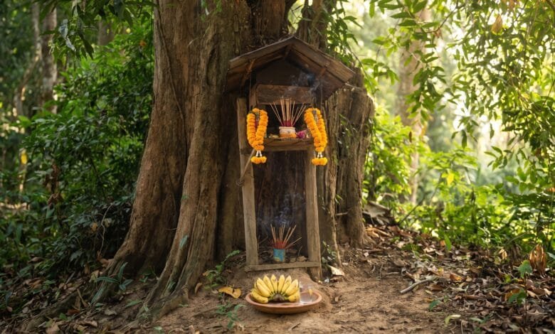 A small wooden Neak Ta spirit shrine with incense and fruit offerings under a tree in rural Cambodia