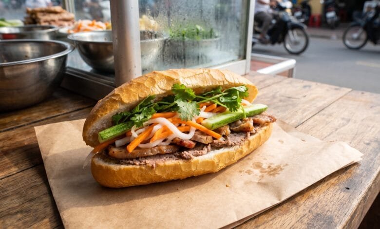 Cambodian nom pang baguette sandwich filled with grilled pork, pickled vegetables, and herbs at a street food stall