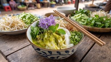 A bowl of Cambodian num banh chok with fresh rice noodles, green fish curry sauce, and raw vegetables at a street food stall