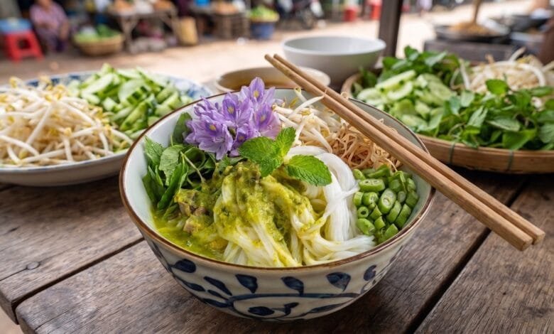 A bowl of Cambodian num banh chok with fresh rice noodles, green fish curry sauce, and raw vegetables at a street food stall