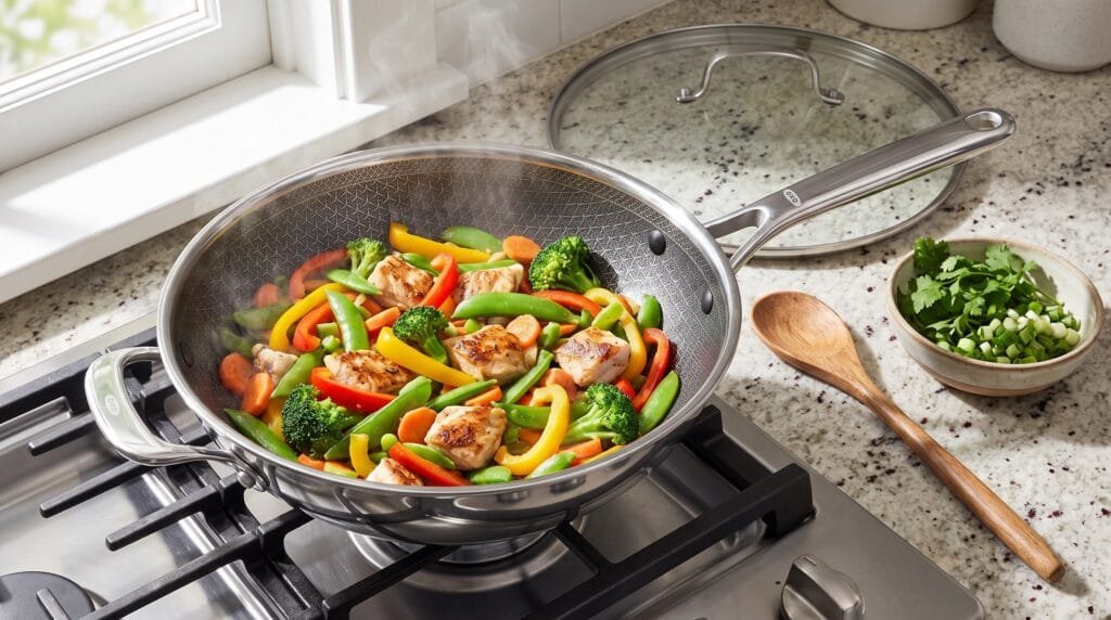 OXO Hybrid 12-inch nonstick wok on a stovetop filled with a colorful vegetable stir-fry, with its glass lid resting on the counter nearby.