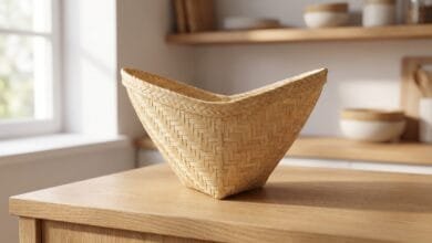 Handcrafted PANWA bamboo sticky rice steamer basket with winged design on a kitchen counter
