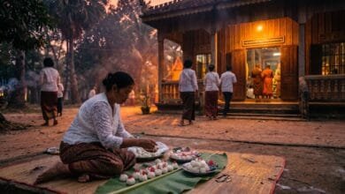 A Cambodian woman in traditional white clothing places sticky rice balls onto a banana leaf at a pagoda during Pchum Ben festival at dawn.