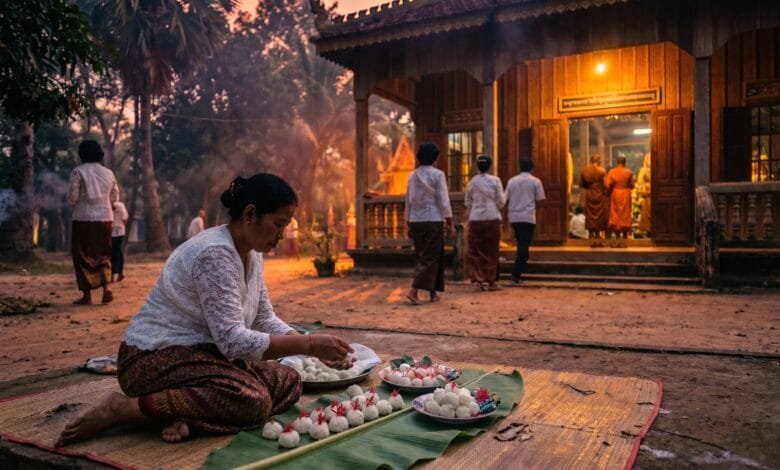 A Cambodian woman in traditional white clothing places sticky rice balls onto a banana leaf at a pagoda during Pchum Ben festival at dawn.